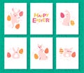 Collection of Easter congratulation holiday cards with funny cute bunny character smiling and decorated eggs isolated on with back