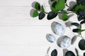 Collection of Easter eggs. Chicken eggs of blue marble color, lie on a white wooden background with branches. Creative greeting