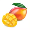 Ripe mango and mango slice with cubes isolated white background. Royalty Free Stock Photo
