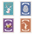 Collection of Easter postal stamps, bunnies, eggs, retro graphic. Vintage vector