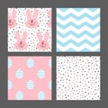 Collection of easter seamless backgrounds. Easter eggs color seamless pattern, zigzag, polka dot, rabbit