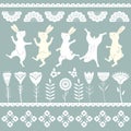 Collection of Easter white Bunny characters from different poses. Happy running and dancing bunnies. Folk flowers Royalty Free Stock Photo