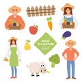 Collection of eco farm. Sheep, vegetables, farmers. Vector