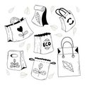 Collection eco-friendly bags. Paper packages for groceries. Hand drawn doodle. Vector illustration. Isolated eco bags