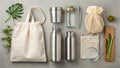 A collection of eco-friendly items displayed on a gray surface Royalty Free Stock Photo