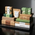 Eco-friendly packaging is displayed, featuring boxes and pouches labeled Royalty Free Stock Photo