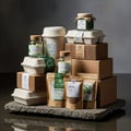 A collection of eco-friendly packaging displayed on a textured stone Royalty Free Stock Photo