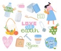 Collection of ecology, zero waste objects, lettering and people. Set reusable items or products. No plastic. Go green. Flat Royalty Free Stock Photo