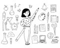 Collection educational doodles. Cute girl with pencil, stationery, school notebooks, pens and books, object hobbies and passions.