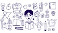 Collection educational school doodles. Cute boy pupil with book, stationery, school notebooks and pens, flowerpots