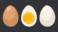 Collection of eggs. Brown whole egg in shell, half egg, peeled white egg. Delicious healthy food vector illustration. Easily