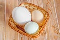 Collection of eggs, large white goose egg, light green duck egg, light brown chicken egg, brown basket with grass, wood