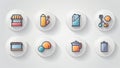 A collection of eight circular icons featuring various objects on a white background plain Royalty Free Stock Photo