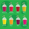 Collection of eight healthy fruit smoothies in flat style