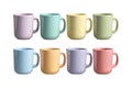 Collection of Eight PastelColored Ceramic Mugs Arranged in Two Rows on a White Background Royalty Free Stock Photo