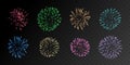 Collection of eight realistic fireworks in different colors isolated on black background. Royalty Free Stock Photo