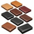 A collection of eight wallets displayed in a neat, grid pattern. The wallets feature
