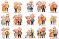 Collection of elderly couples. Cartoon grandparents clipart set, cute characters standing together, grandfather and grandmother,