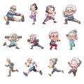 Collection of elderly people exercising cartoon style, isolated on white background