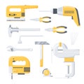Collection of electric and mechanical power repair worker tools. Power tools. Hand tools.