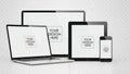 Responsive design mockup set featuring laptop, tablet, and smartphone devices with blank screens on a transparent background Royalty Free Stock Photo