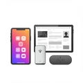 A collection of electronic devices includes a smartphone, tablet, Wi-Fi router, and Royalty Free Stock Photo