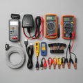 Electronic diagnostic and measurement tools arranged neatly on a Royalty Free Stock Photo