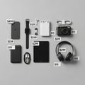 Smartwatch 249 , wireless earbuds 129 , USB drive 15 , tablet 299 , power Royalty Free Stock Photo