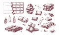 Collection of elegant drawings of whole and broken into pieces chocolate bars and cocoa beans. Delicious dessert hand