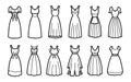 Collection of elegant line art dress, clean sketch style, fashion design templates for dressmaking, vector illustration.