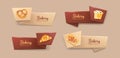 Collection of elegant tape or ribbon banners with delicious pastry or baked products - pretzel, muffin, croissant