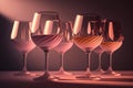 A collection of elegant transparent glasses on a high stem with a pink drink