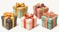 five colorful patterned gift boxes white background Royalty Free Stock Photo