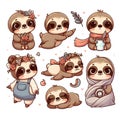 Collection element of sloth characters with decorations in cartoon style, on white background, pattern graphic illustration