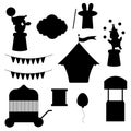 Collection of elements circus silhouette. Tent, hare in a hat, fur seal, garland, ball, bear, ticket office