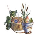 Watercolor omposition with equipment for fishing. Creel, vest, hat, bag, rubber boots, folding chair, flashlight