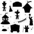 Collection Of Elements Pink Circus Silhouette. Tent, Clown, Doll, Elephant, Garland, Carousel, Hare