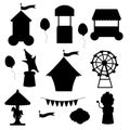 Collection of elements pink circus silhouette. Tent, clown, ticket office, lion