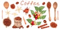 Collection of elements of Robusta and Arabica varieties. International Coffee Day. Beans,loose coffee. Wooden spoons and