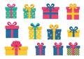 A collection of eleven colorful gift boxes with various designs and bows. Each box features a Royalty Free Stock Photo
