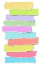 Collection of elongated torn color paper scraps placed on white background