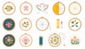 A collection of embroidery hoop designs, floral patterns, thread Royalty Free Stock Photo