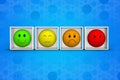 Collection of emoticon emojis with Happy, Disappointed, Sad and Angry expressions inside rating cubes for customer satisfaction