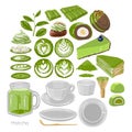 Collection of empty cups and dishes with different versions of fillings, matcha desserts and green tea leaves