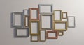 Collection of empty picture frames arranged creatively on a light textured surface Royalty Free Stock Photo
