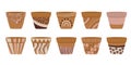 Collection of empty terracotta flower pots for home planting. Ceramic pot decorated with hand-painted Memphis style