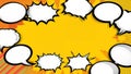 Collection of empty white comic book speech bubbles and explosive shape outlines against a vibrant yellow background suitable for Royalty Free Stock Photo