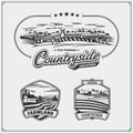 Collection engraving landscapes. Countryside vacation, village, eco tourism emblems.