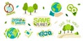 Collection of environmental illustrations with slogans-zero waste, waste recycling, ecology, save the planet, save the world Royalty Free Stock Photo