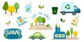 Collection of environmental illustrations with slogans-zero waste, waste recycling, ecology, save the planet, save the world Royalty Free Stock Photo